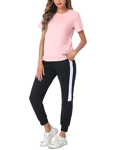 Litherday Jogginganzug Damen Streatwear Trainingsanzüge Baumwolle Tracksuit Kurzarm Streifen Sportanzug Frauen Sport Set Rundhals Sommer freizeitanzug von Litherday