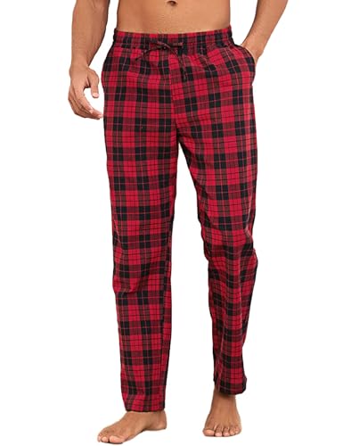 Litherday Schlafanzughose Herren Lang Kariert Pyjamahose 100% Baumwolle Nachtwäsche hose mit 2 Taschen, Rot+schwarz, L von Litherday