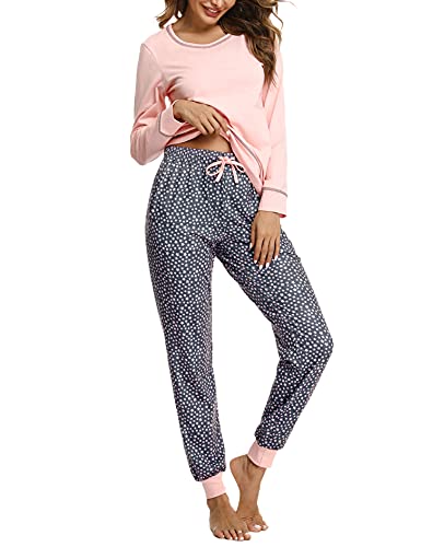 Litherday Schlafanzug Damen Pyjama Lang Baumwolle Nachtwäsche Winter Pyjama Set Star Zweiteiliger mit Rundhals Sleepwear, Rosa, M von Litherday