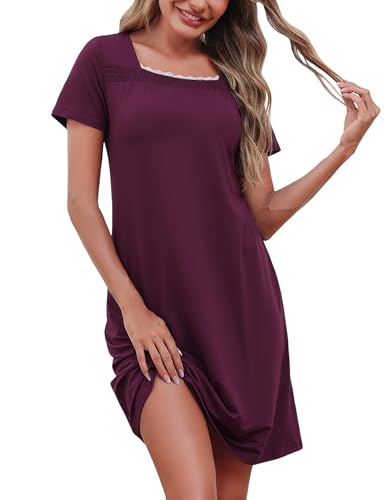 Litherday Nachthemd Damen Kurzarm Sommer Schlafshirt Kruz Baumwolle Negligee Sleepshirt Spitze Nachtkleid Loose Nachtwäsche Bequeme für Frauen von Litherday