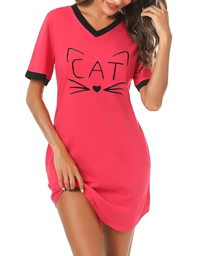 Litherday Nachthemd Damen Kurz Nachtwäsche Baumwolle Loungewear Katze Nachtkleid Negligee Kurze Sommer Ärmel Sleepshirt mit 2 Tasche, Rot, L von Litherday