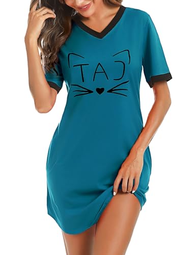 Litherday Nachthemd Damen Kurz Nachtwäsche Baumwolle Loungewear Katze Nachtkleid Negligee Kurze Sommer Ärmel Sleepshirt mit 2 Tasche, Pfauenblau, XL von Litherday