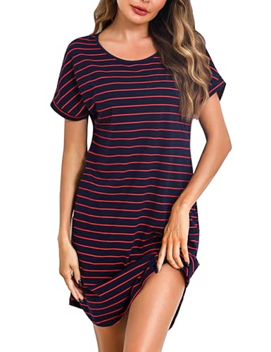 Litherday Nachthemd Damen Kurz Nachtwäsche Streifen Nachtkleid aus 95% Baumwolle Loungewear Negligee Kurze Ärmel Sleepshirt mit 2 Tasche, Dunkelblau+rot, XXL von Litherday