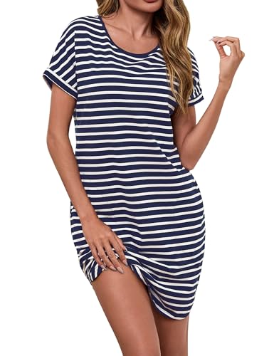 Litherday Nachthemd Damen Kurz Nachtwäsche Streifen Nachtkleid aus 95% Baumwolle Loungewear Negligee Kurze Ärmel Sleepshirt mit 2 Tasche, Dunkelblau+weiß, L von Litherday