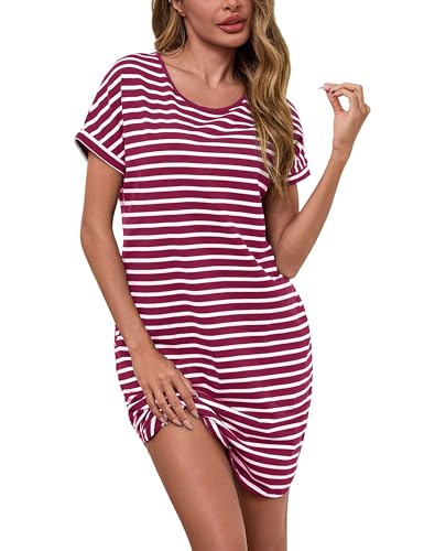 Litherday Nachthemd Damen Kurz Nachtwäsche Streifen Nachtkleid aus 95% Baumwolle Loungewear Negligee Kurze Ärmel Sleepshirt mit 2 Tasche, Rot+weiß, S von Litherday