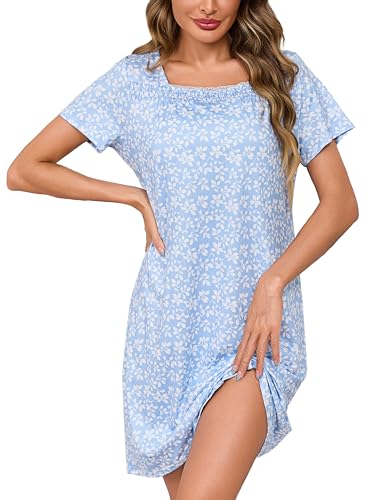 Litherday Nachthemd Damen Kurzarm Baumwolle Schlafshirt Kruz Sommer Spitze Nachtwäsche Blumenmuster Nachtkleid Weich Sleepshirt von Litherday