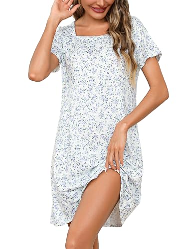 Litherday Nachthemd Damen Kurzarm Baumwolle Schlafshirt Kruz Sommer Spitze Nachtwäsche Blumenmuster Nachtkleid Weich Sleepshirt von Litherday