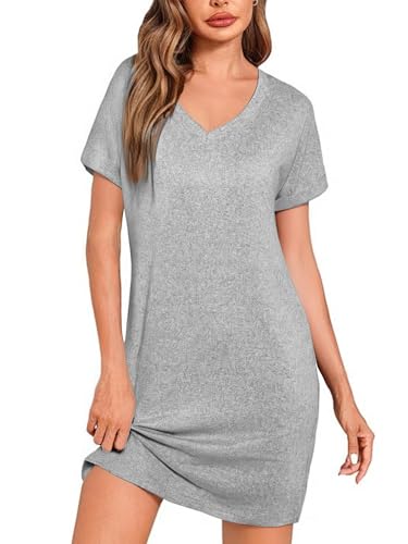 Litherday Nachthemd Damen Kurzarm Schlafshirt Baumwolle Negligee Schlafhemd Sommer Nachtwäsche Größen Sleepshirt Nachtkleid Hellgrau M von Litherday