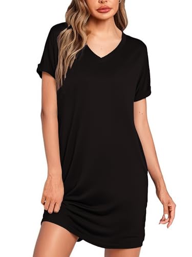 Litherday Nachthemd Damen Kurzarm Sommer Schlafshirt Baumwolle Schlafhemd Nachtwäsche Große Größen Sleepshirt Nachtkleid mit Taschen Schwarz L von Litherday