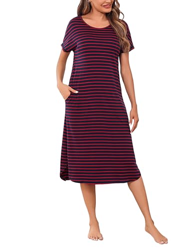 Litherday Nachthemd Damen Lang Nachtwäsche Kurzarm Streifen Schlafshirt aus 95% Baumwolle Loungewear Nachtkleid Sleepshirt, Dunkelgrau+rot, S von Litherday