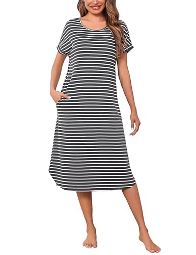 Litherday Nachthemd Damen Lang Nachtwäsche Kurzarm Streifen Schlafshirt aus 95% Baumwolle Loungewear Nachtkleid Sleepshirt, Dunkelgrau+weiß, L von Litherday