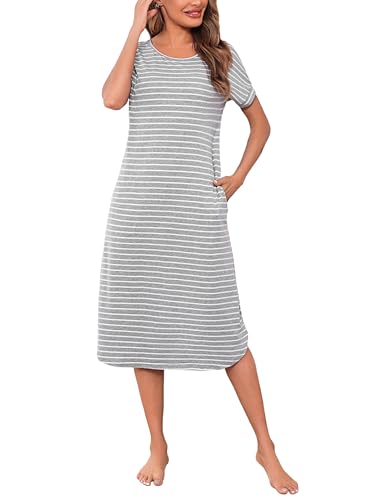 Litherday Nachthemd Damen Lang Nachtwäsche Kurzarm Streifen Schlafshirt aus 95% Baumwolle Loungewear Nachtkleid Sleepshirt, Hellgrau+weiß, L von Litherday