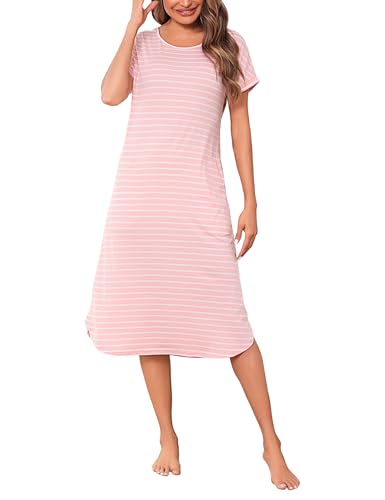 Litherday Nachthemd Damen Lang Nachtwäsche Kurzarm Streifen Schlafshirt aus 95% Baumwolle Loungewear Nachtkleid Sleepshirt, Rosa+weiß, XXL von Litherday