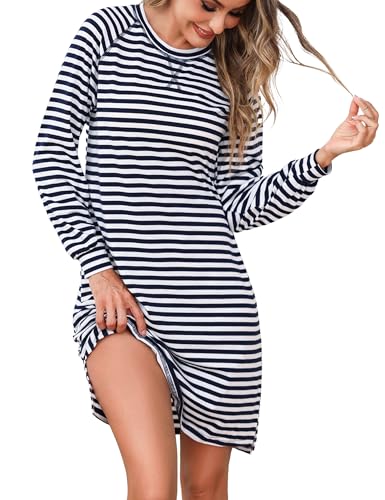 Litherday Nachthemd Damen Langarm Baumwolle Streifen Schlafshirt Rundhalsausschnitt Nachtwäsche Herbst Winter Loungewear Nachthemden für Damen Weich und Bequem von Litherday