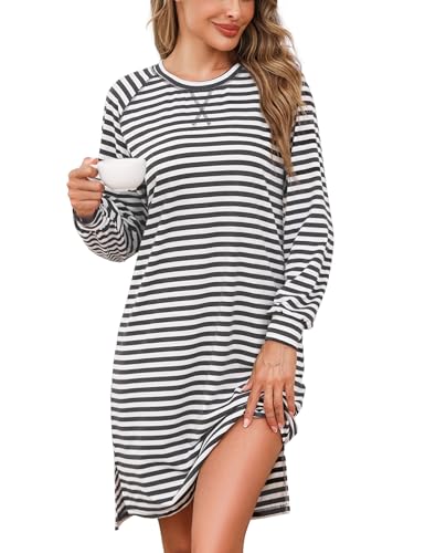 Litherday Nachthemd Damen Langarm Baumwolle Streifen Schlafshirt Rundhalsausschnitt Nachtwäsche Herbst Winter Loungewear Nachthemden für Damen Weich und Bequem von Litherday