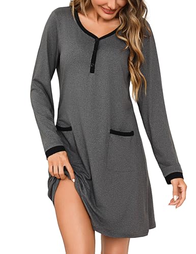 Litherday Nachthemd Damen Langarm Baumwolle Winter Nachtwäsche Schlafshirt Lang Schlafkleid V-Ausschnitt Sleepshirt mit Taschen von Litherday