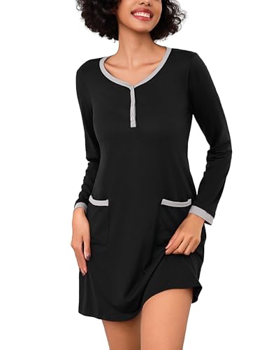 Litherday Nachthemd Damen Langarm Baumwolle Winter Nachtwäsche Schlafshirt Lang Schlafkleid V-Ausschnitt Sleepshirt mit Taschen Litherday Nachthemd Damen Langarm Baumwolle Winter Nachtwäsche Schlafshirt Lang Schlafkleid V-Ausschnitt Sleepshirt mit Taschen von Litherday