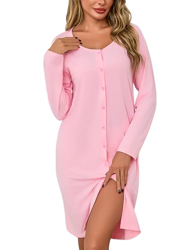 Litherday Nachthemd Damen Langarm Baumwolle mit Knopfleiste Rundhalsausschnitt Nachtkleid Schlafhemd Nachtwäsche Winter Schlafkleid Stillnachthemd Schlafshirt Weich und Bequem von Litherday