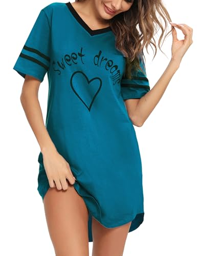 Litherday Nachthemd Damen Nachtwäsche Baumwolle Loungewear Nachtkleid Kurz Negligee, Pfauenblau, S von Litherday