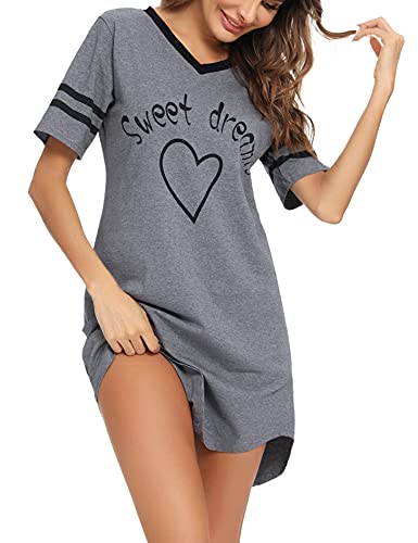 Litherday Nachthemd Damen Nachtwäsche Baumwolle Loungewear Nachtkleid Kurz Negligee Streifen Kurze Ärmel Sleepshirt Kurzarm V-Ausschnitt Sleepwear Bequeme Freizeitkleid, Dunkelgrau, XL von Litherday