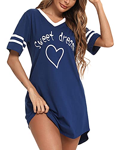 Litherday Nachthemd Damen Nachtwäsche Baumwolle Loungewear Nachtkleid Kurz Negligee Streifen Kurze Ärmel Sleepshirt Kurzarm V-Ausschnitt Sleepwear Bequeme Freizeitkleid, Marine, S von Litherday