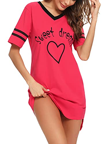 Litherday Nachthemd Damen Nachtwäsche Baumwolle Loungewear Nachtkleid Kurz Negligee Streifen Kurze Ärmel Sleepshirt Kurzarm V-Ausschnitt Sleepwear Bequeme Freizeitkleid, Rot, S von Litherday