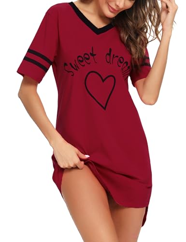 Litherday Nachthemd Damen Nachtwäsche Baumwolle Loungewear Nachtkleid Kurz Negligee Streifen Kurze Ärmel Sleepshirt Kurzarm V-Ausschnitt Sleepwear Bequeme Freizeitkleid, Weinrot, XL von Litherday