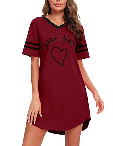 Litherday Nachthemd Damen Nachtwäsche Baumwolle Loungewear Nachtkleid Kurz Negligee Streifen Kurze Ärmel Sleepshirt Kurzarm V-Ausschnitt Sleepwear Bequeme Freizeitkleid, Weinrot, XXL von Litherday