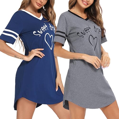 Litherday Nachthemd Damen Nachtwäsche Baumwolle Loungewear Nachtkleid Kurz Streifen Kurze Ärmel Sleepshirt Kurzarm V-Ausschnitt Sleepwear Zweierpack, Dunkelgrau+dunkelblau, S von Litherday