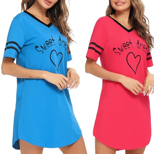 Litherday Nachthemd Damen Nachtwäsche Baumwolle Loungewear Nachtkleid Kurz Streifen Kurze Ärmel Sleepshirt Kurzarm V-Ausschnitt Sleepwear Zweierpack, Rot+blau, M von Litherday