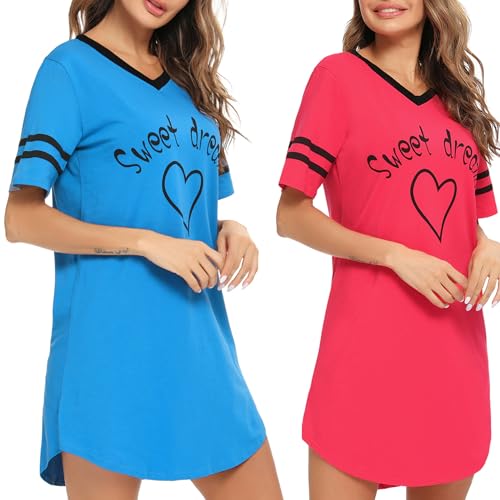 Litherday Nachthemd Damen Nachtwäsche Baumwolle Loungewear Nachtkleid Kurz Streifen Kurze Ärmel Sleepshirt Kurzarm V-Ausschnitt Sleepwear Zweierpack, Rot+blau, XXL von Litherday