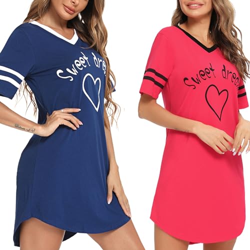 Litherday Nachthemd Damen Nachtwäsche Baumwolle Loungewear Nachtkleid Kurz Streifen Kurze Ärmel Sleepshirt Kurzarm V-Ausschnitt Sleepwear Zweierpack, Rot+dunkelblau, S von Litherday