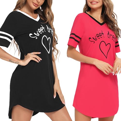 Litherday Nachthemd Damen Nachtwäsche Baumwolle Loungewear Nachtkleid Kurz Streifen Kurze Ärmel Sleepshirt Kurzarm V-Ausschnitt Sleepwear Zweierpack, Rot+schwarz, L von Litherday