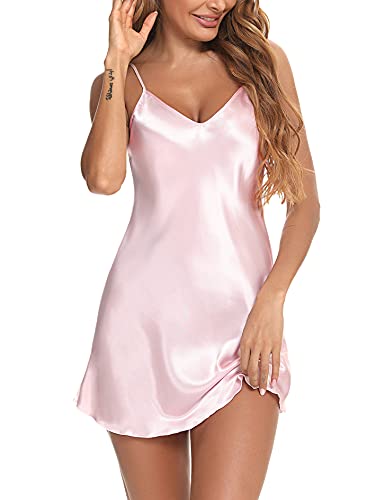 Litherday Negligee Damen Sexy Babydoll Kurz Satin Nachthemd V-Ausschnitt Nachtkleid Sommer Nachtwäsche Frau Sleepwear mit Verstellbare Träger, Rosa, M von Litherday