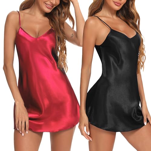 Litherday Negligee Damen Sexy Babydoll Kurz Satin Nachthemd V-Ausschnitt Nachtkleid Sommer Nachtwäsche Sleepwear Zweierpack, Schwarz+rot, M von Litherday