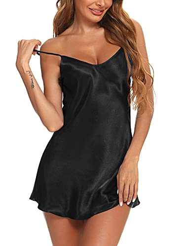 Litherday Negligee Damen Sexy Babydoll Kurz Satin Nachthemd V-Ausschnitt Nachtkleid Sommer Nachtwäsche Frau Sleepwear mit Verstellbare Träger, Schwarz, 3XL von Litherday