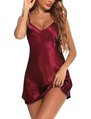 Litherday Negligee Damen Sexy Babydoll Kurz Satin Nachthemd V-Ausschnitt Nachtkleid Sommer Nachtwäsche Frau Sleepwear mit Verstellbare Träger, Weinrot, L von Litherday