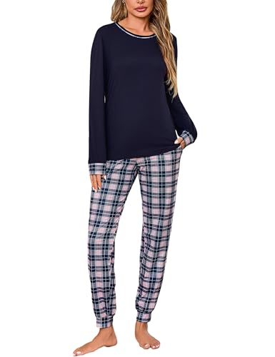 Litherday Pyjama Damen Lang Baumwolle Winter Langarm Zweiteiliger Nachtwäsche Sleepwear und Pyjamahose mit Tasche Warm und Bequem von Litherday