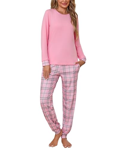 Litherday Pyjama Damen Lang Baumwolle Winter Langarm Zweiteiliger Nachtwäsche Sleepwear und Pyjamahose mit Tasche Warm und Bequem von Litherday