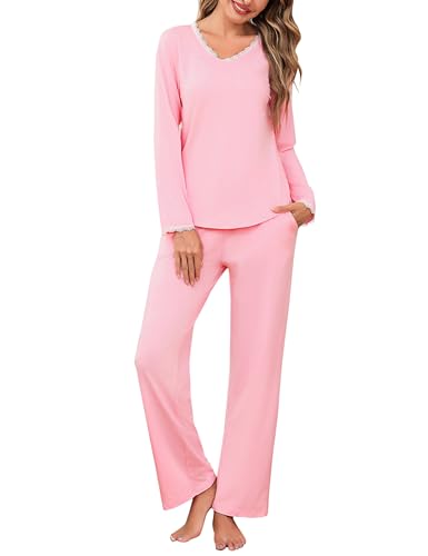 Litherday Pyjama Damen Lang Baumwolle Winter Langarm Zweiteiliger Nachtwäsche V-Ausschnitt Sleepwear mit Tasche Warm und Bequem von Litherday