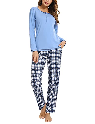 Litherday Pyjama Damen Lang Schlafanzug Kariert Nachtwäsche Winter Pyjama Set, Blau, S von Litherday