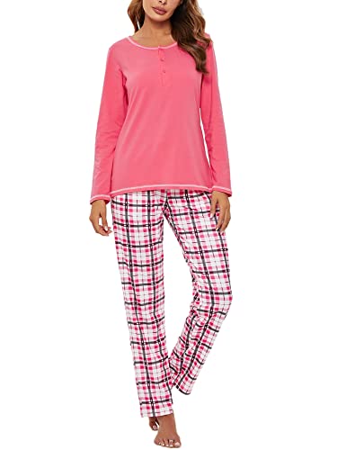 Litherday Pyjama Damen Lang Schlafanzug Kariert Nachtwäsche Winter Pyjama Set aus Baumwolle Zweiteiliger mit Taschen Rundhals Sleepwear für Herbst, Rosa, M von Litherday