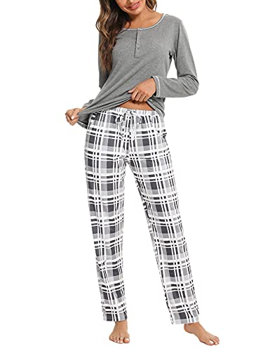 Litherday Pyjama Damen Lang Schlafanzug Kariert Nachtwäsche Winter Pyjama Set aus Baumwolle Zweiteiliger mit Taschen Rundhals Sleepwear für Herbst, Hellgrau, XL von Litherday