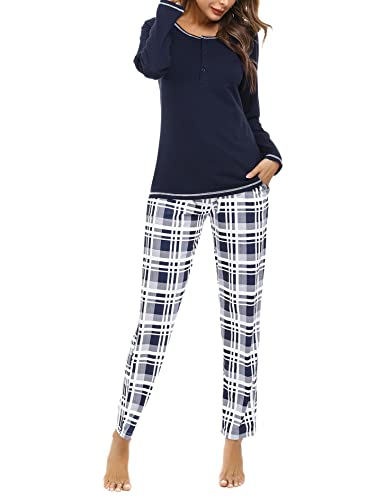 Litherday Pyjama Damen Lang Schlafanzug Kariert Nachtwäsche Winter Pyjama Set aus Baumwolle Zweiteiliger mit Taschen Rundhals Sleepwear für Herbst, Marine, M von Litherday