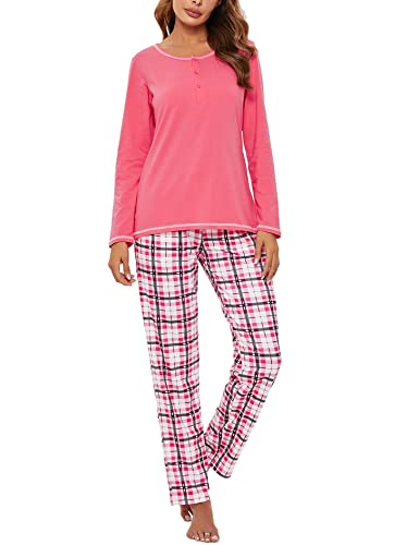 Litherday Schlafanzug Damen Lang Baumwolle Pyjama Kariert Nachtwäsche Winter Pyjama Set Zweiteiliger Rundhals Sleepwear von Litherday