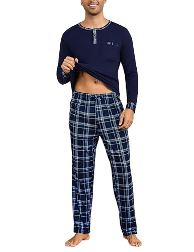 Litherday Pyjama Herren Lang Baumwolle Winter Warmer Zweiteiliger Schlafanzug Set mit Langarm Rundhals Oberteil & Schlafanzughose Kariert Marineblau S von Litherday