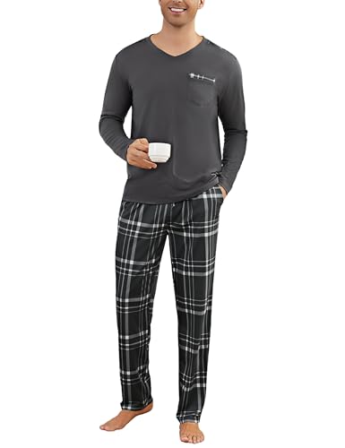 Litherday Pyjama Herren Lang Schlafanzug Baumwolle Zweiteiliger Winter Pyjamas Set Männer Langarmshirt und Pyjamahose von Litherday