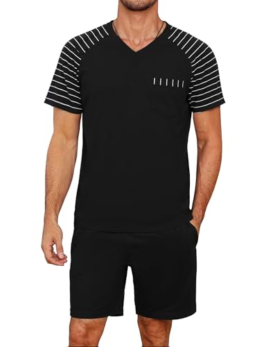 Litherday Schlafanzug Herren Kurz Sommer Baumwolle Shorty Pyjama Set Kurzarm Zweiteiliger V-Ausschnitt Schlafanzughose Nachtwäsche mit Taschen Schwarz S von Litherday