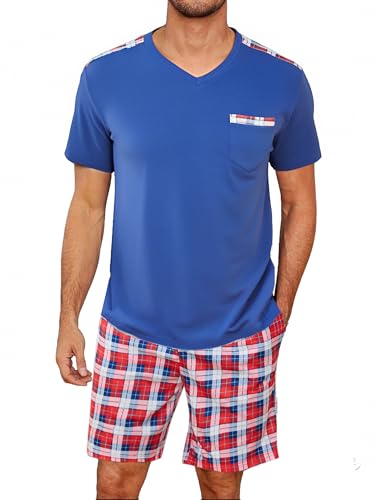 Litherday Schlafanzug Herren Pyjama Kurz Sommer Kurzarm Shorty Zweiteiliger Baumwolle Schlafanzüge Männer Pyjamahose Kariert Nachtwäsche Rot M von Litherday