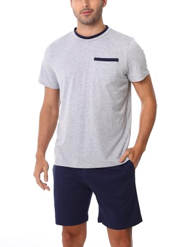 Litherday Schlafanzug Herren Kurz Shorty Pyjamas Baumwolle Kurzarm Pyjamas Set Manner Sommer Zweiteiliger Nachtwäsche mit Pyjamahose Shirt Rundhals Elastischer Bund Taschen von Litherday